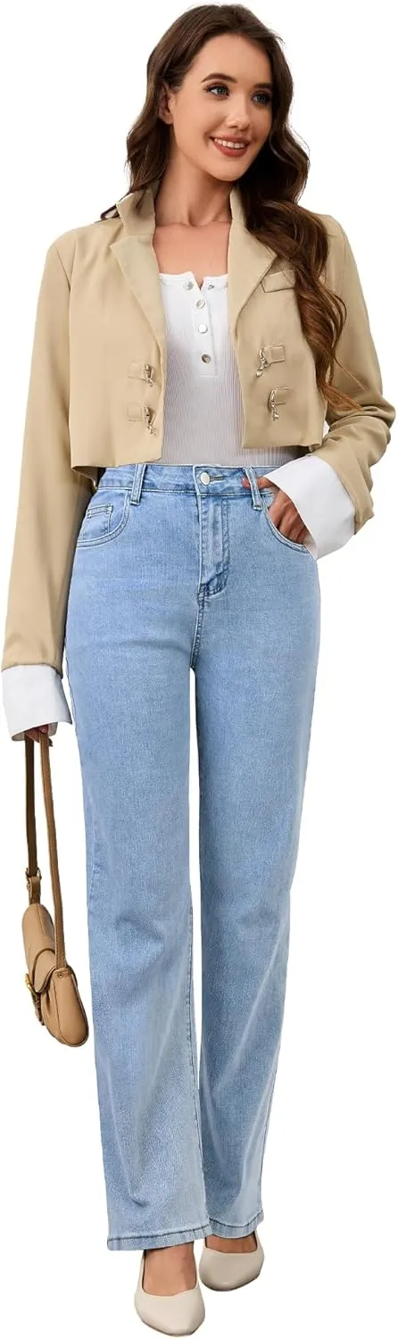 AMPOSH Womens High-Rise Straight Leg Jeans - Comfortable Stretch Denim Classic Fit Casual & Work Pants