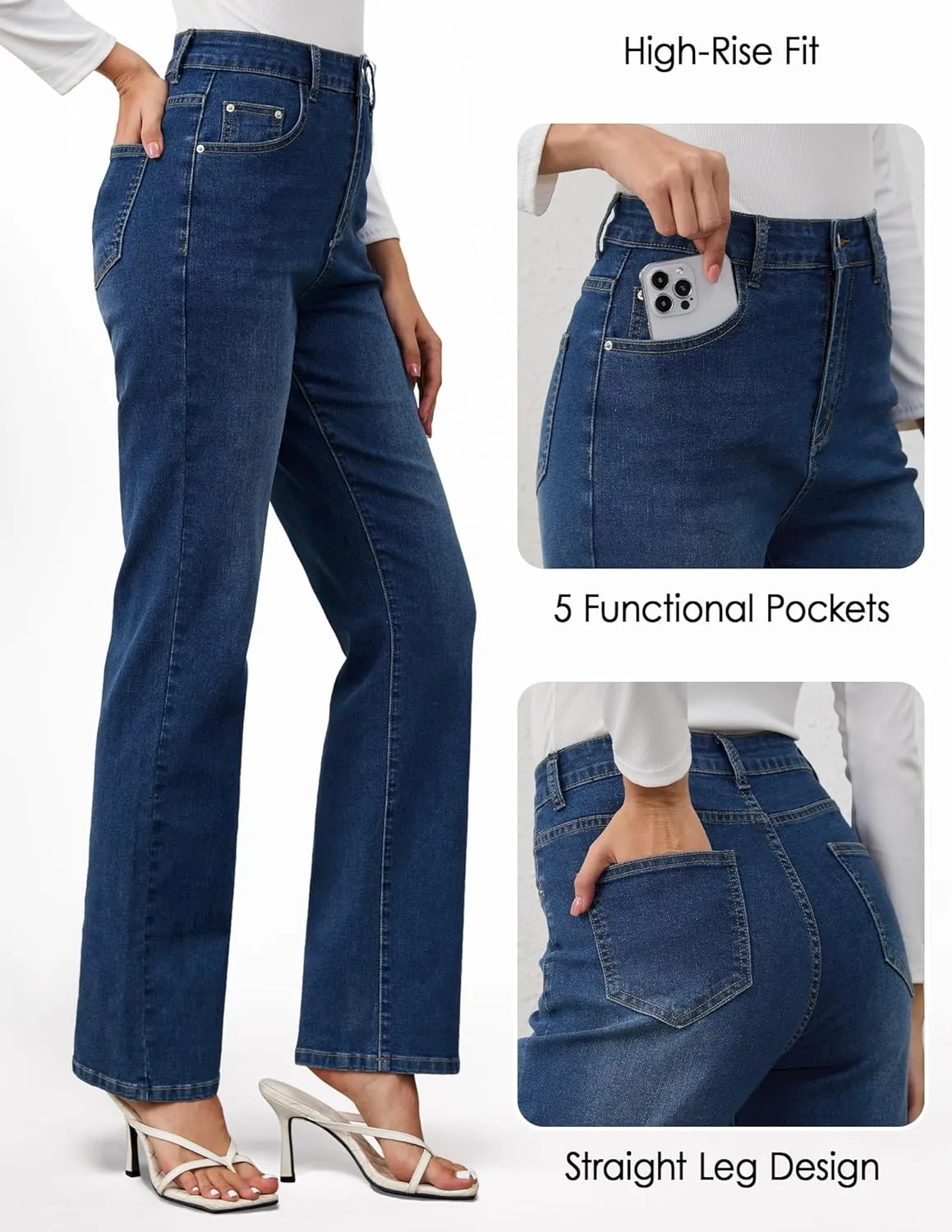 AMPOSH Womens High-Rise Straight Leg Jeans - Comfortable Stretch Denim Classic Fit Casual & Work Pants