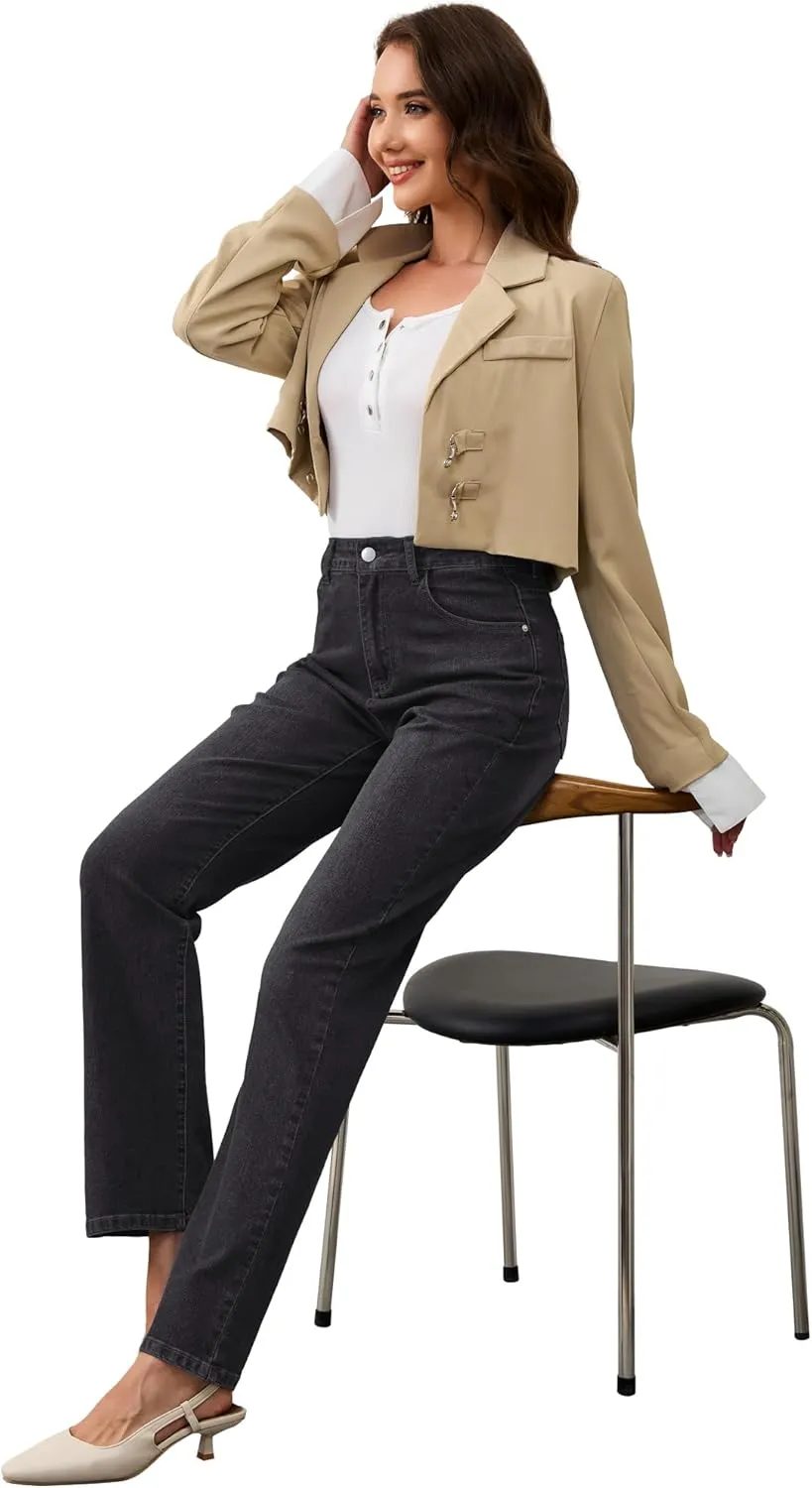 AMPOSH Womens High-Rise Straight Leg Jeans - Comfortable Stretch Denim Classic Fit Casual & Work Pants