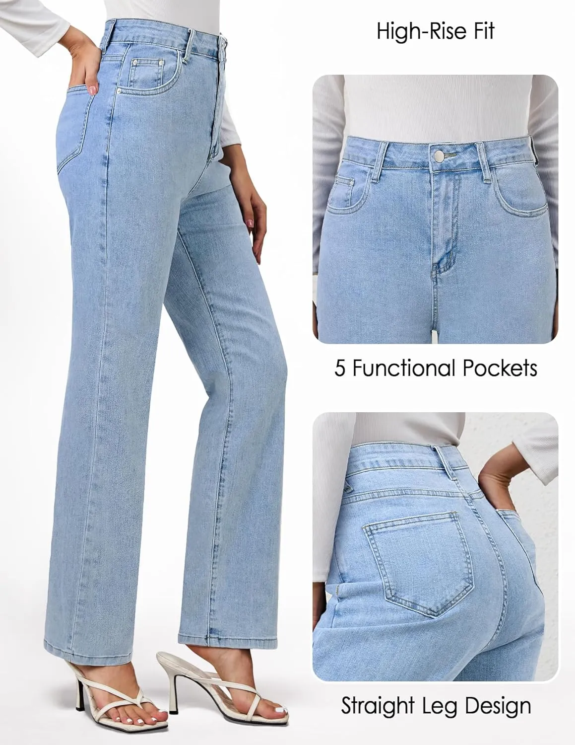 AMPOSH Womens High-Rise Straight Leg Jeans - Comfortable Stretch Denim Classic Fit Casual & Work Pants
