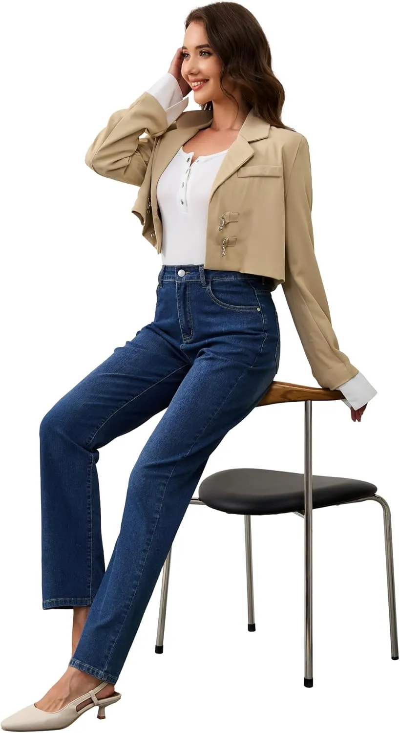 AMPOSH Womens High-Rise Straight Leg Jeans - Comfortable Stretch Denim Classic Fit Casual & Work Pants