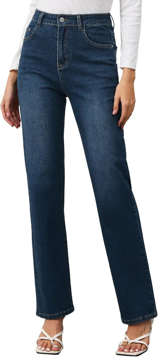 AMPOSH Womens High-Rise Straight Leg Jeans - Comfortable Stretch Denim Classic Fit Casual & Work Pants