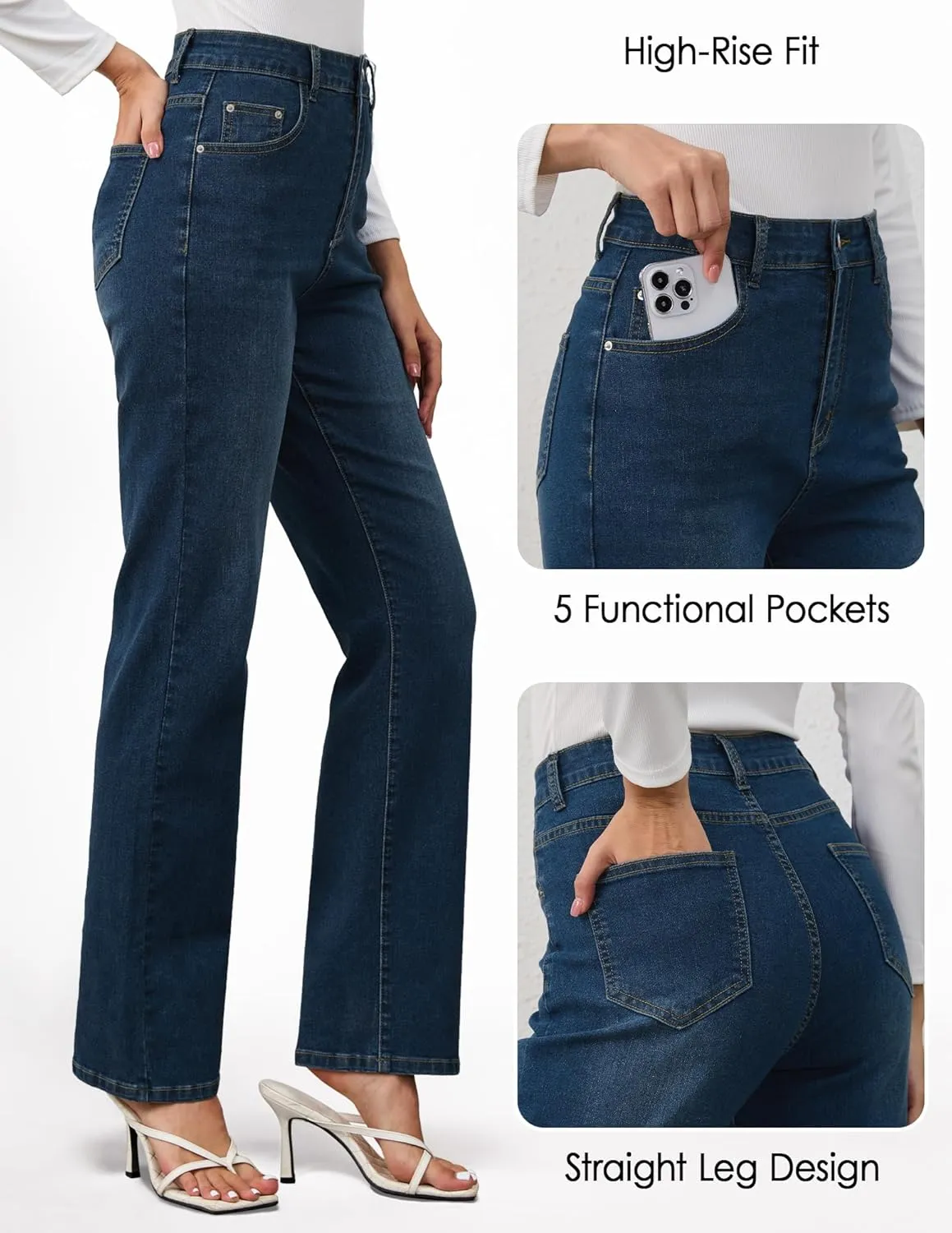 AMPOSH Womens High-Rise Straight Leg Jeans - Comfortable Stretch Denim Classic Fit Casual & Work Pants