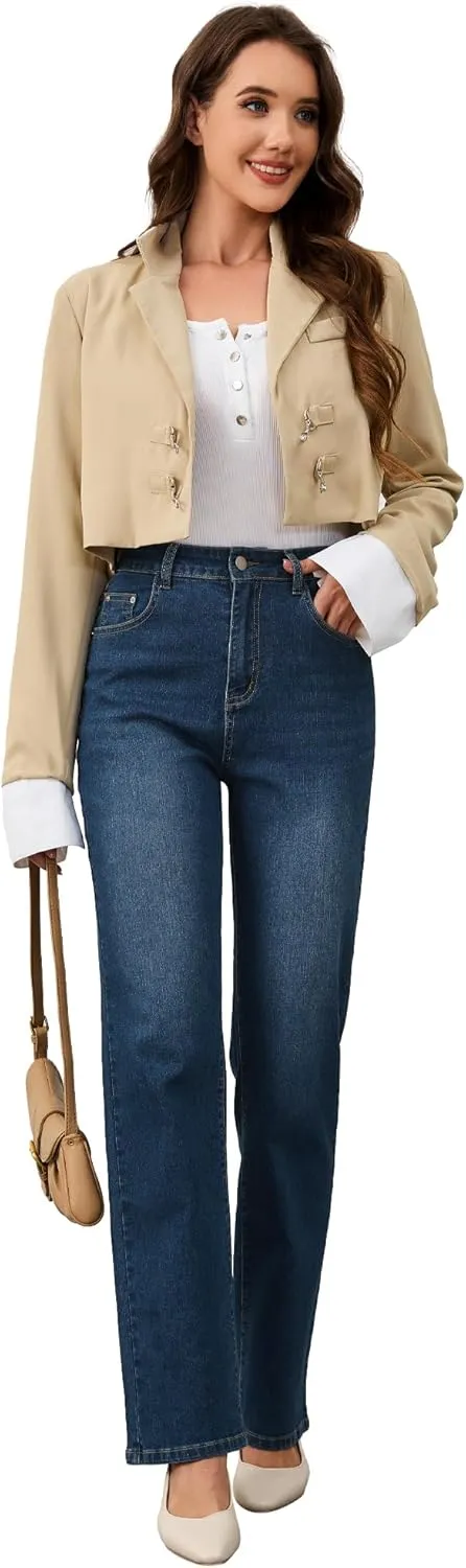 AMPOSH Womens High-Rise Straight Leg Jeans - Comfortable Stretch Denim Classic Fit Casual & Work Pants