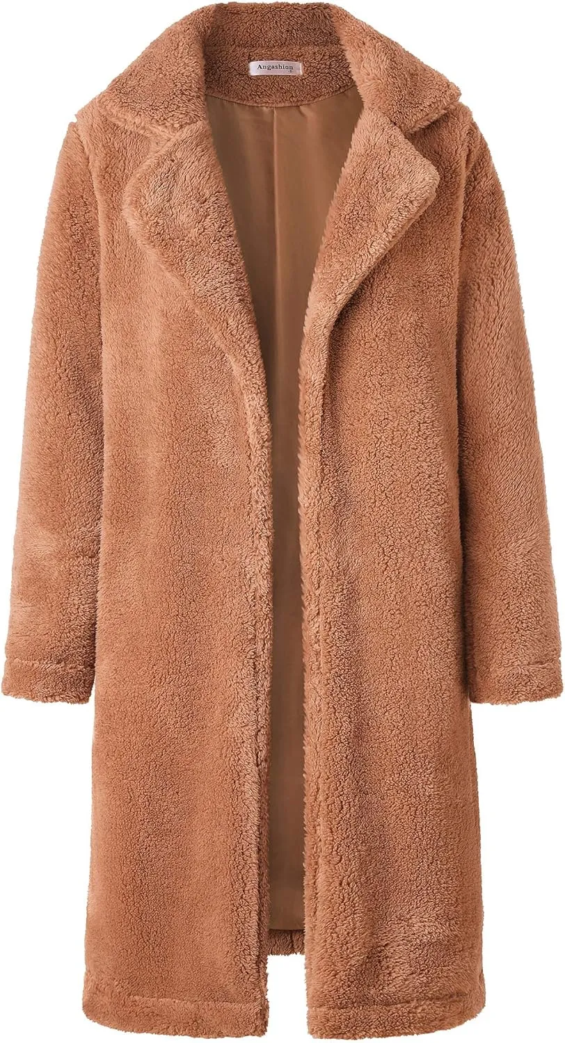 Angashion Women's Fuzzy Fleece Lapel Open Front Long Cardigan Coat Faux Fur Warm Winter Outwear Jackets