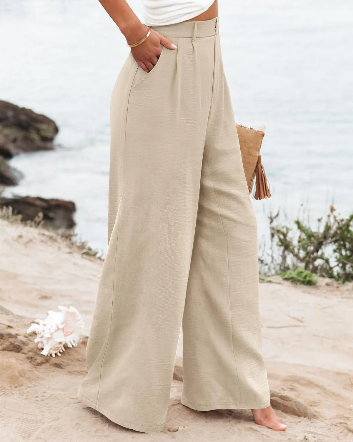 Angerella Women Wide Leg Pants High Elastic Waisted in The Back Business Work Trousers Long Casual Pants with Pockets