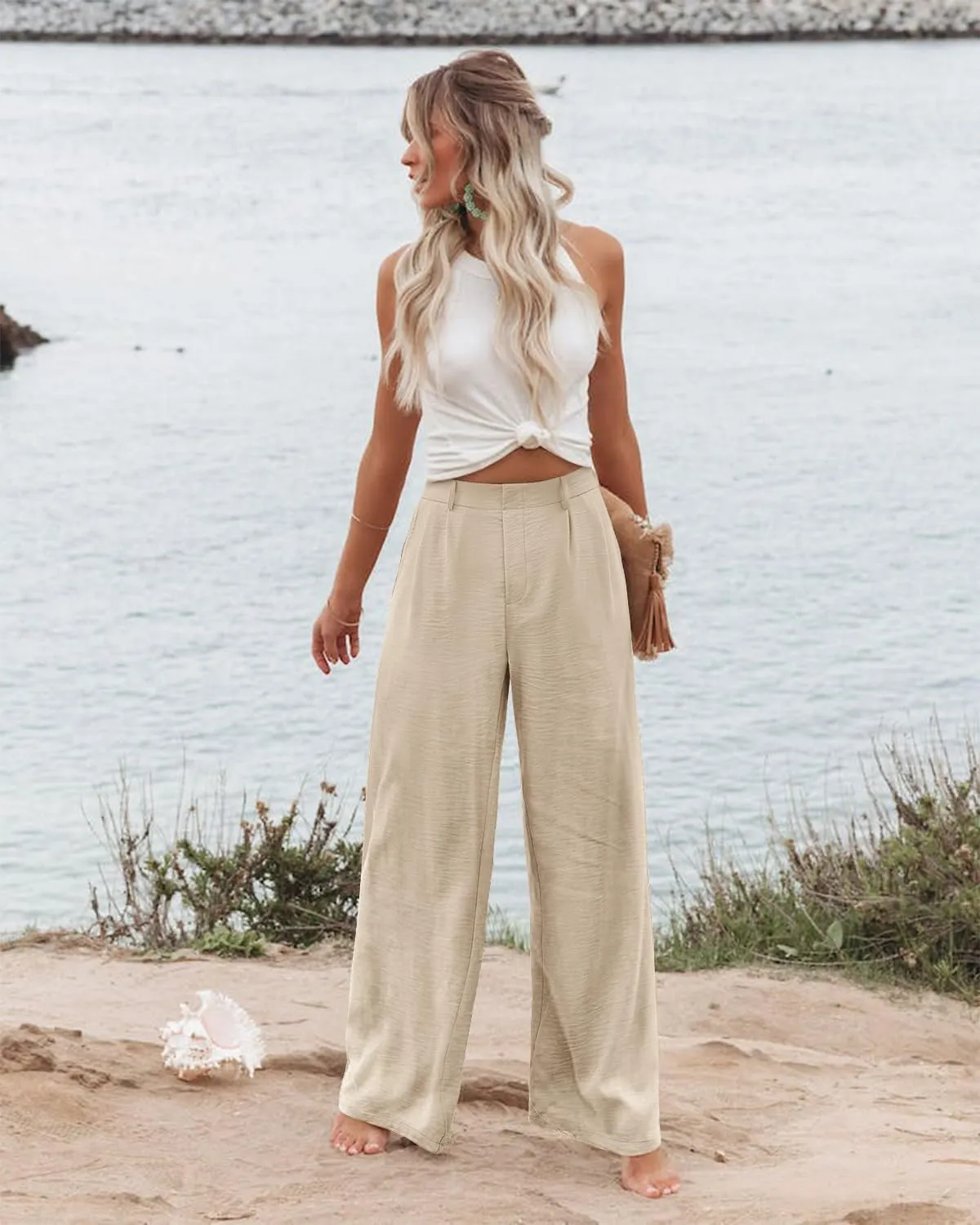 Angerella Women Wide Leg Pants High Elastic Waisted in The Back Business Work Trousers Long Casual Pants with Pockets