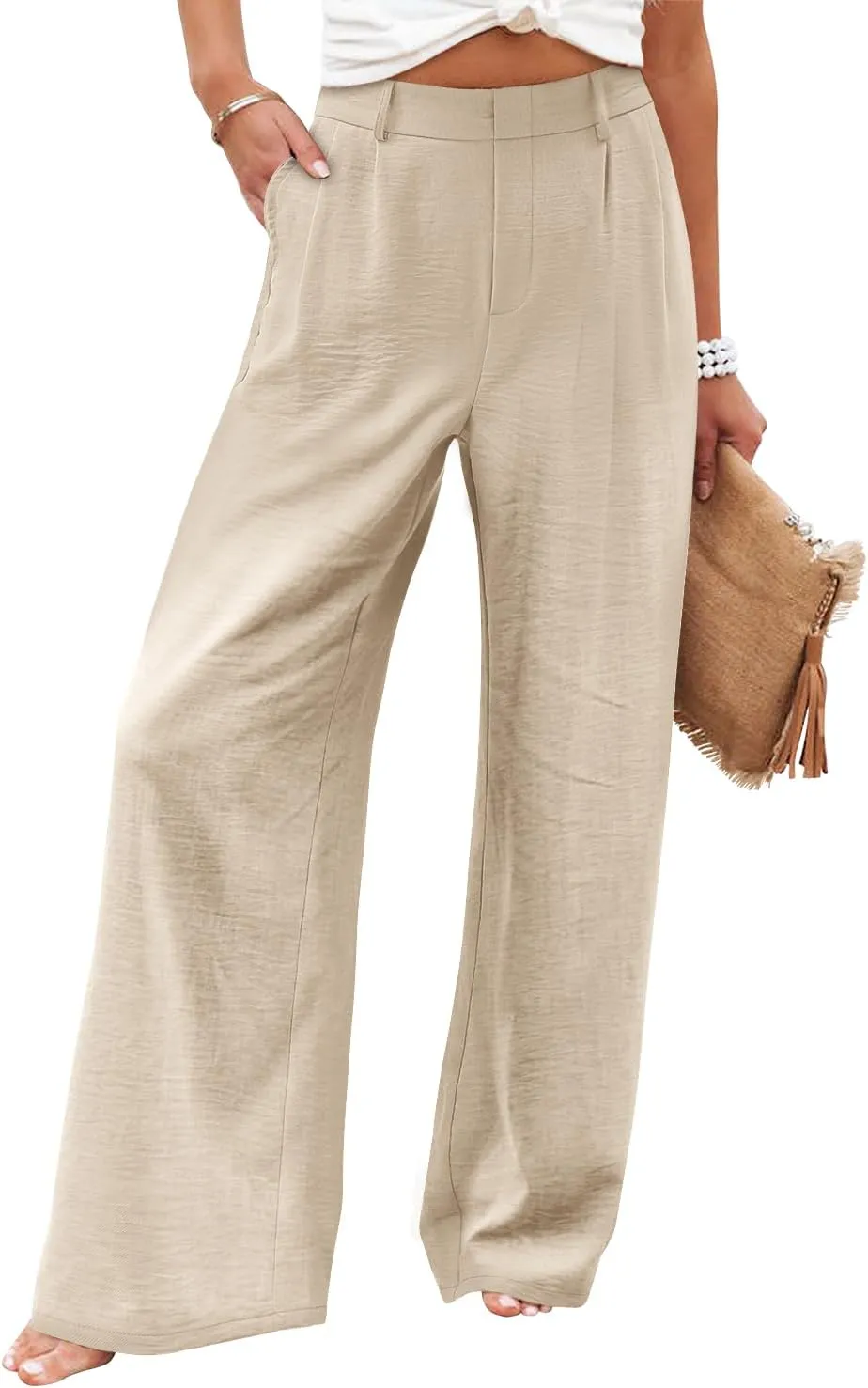 Angerella Women Wide Leg Pants High Elastic Waisted in The Back Business Work Trousers Long Casual Pants with Pockets