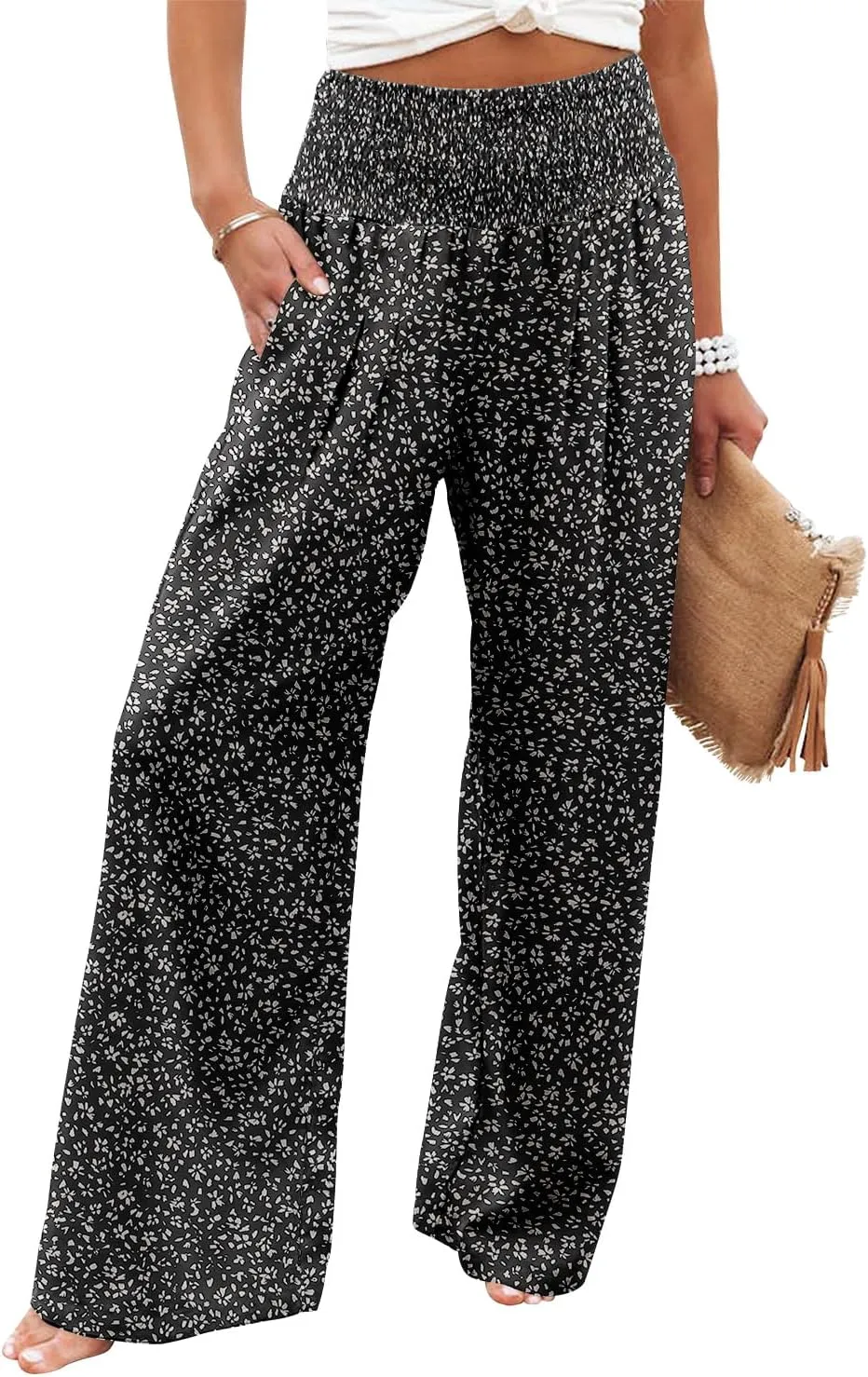 Angerella Womens Elastic High Waisted Palazzo Pants Casual Wide Leg Long Lounge Pant Trousers with Pocket