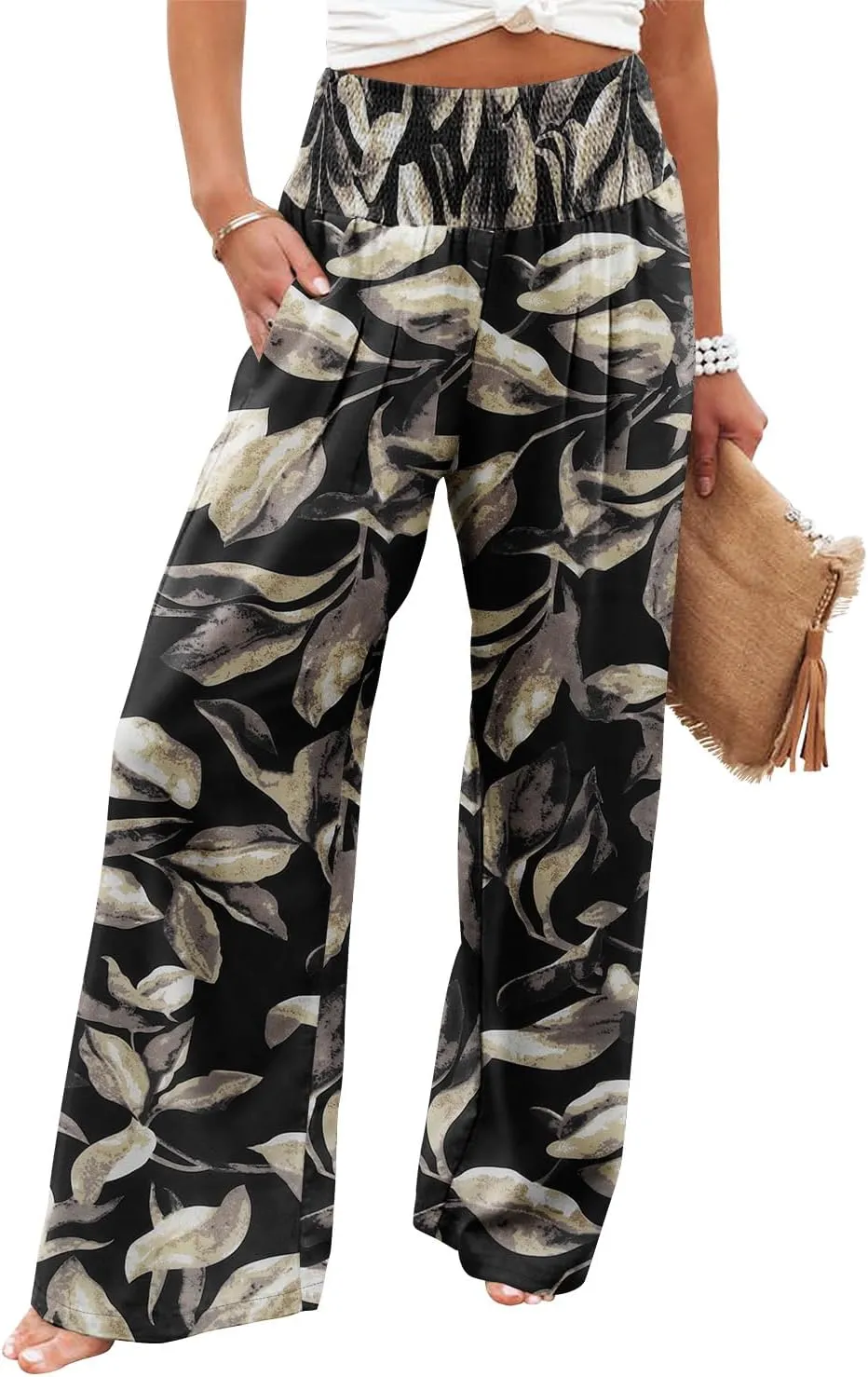 Angerella Womens Elastic High Waisted Palazzo Pants Casual Wide Leg Long Lounge Pant Trousers with Pocket