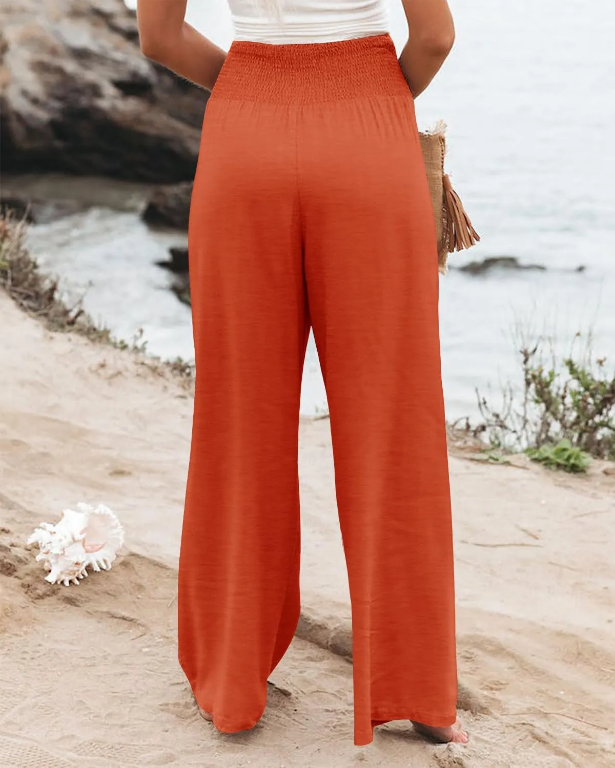Angerella Womens Elastic High Waisted Palazzo Pants Casual Wide Leg Long Lounge Pant Trousers with Pocket