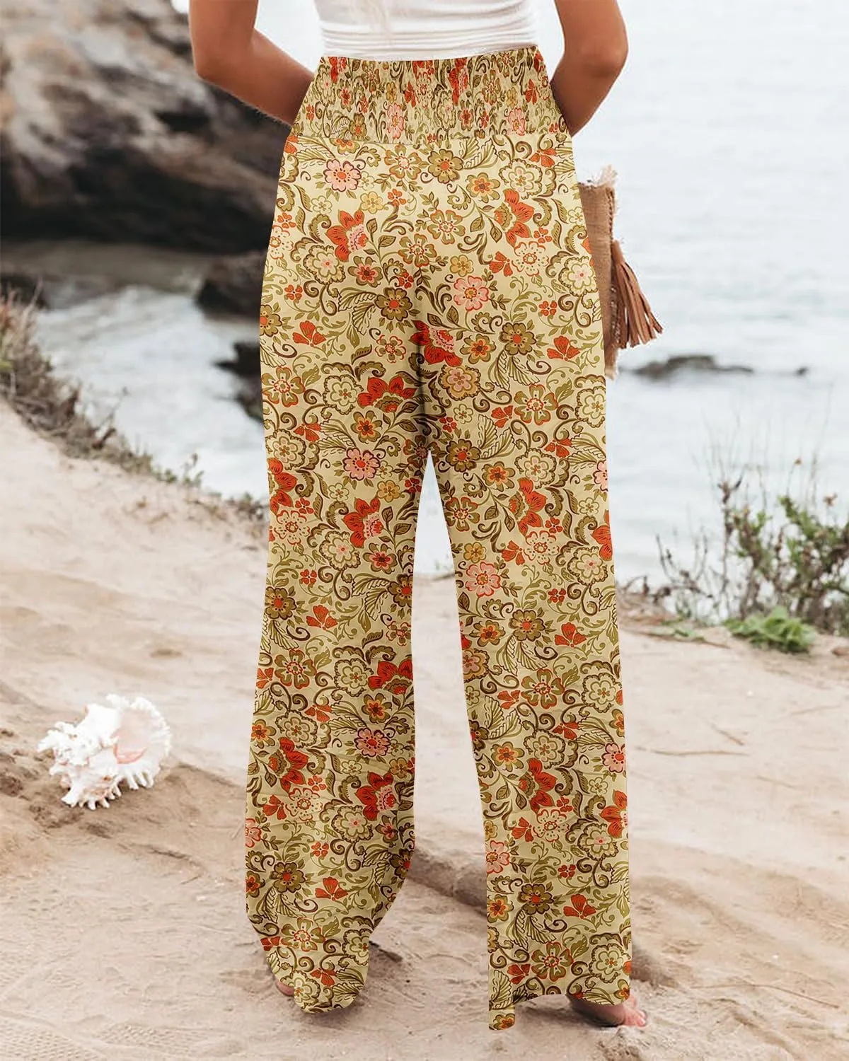 Angerella Womens Elastic High Waisted Palazzo Pants Casual Wide Leg Long Lounge Pant Trousers with Pocket