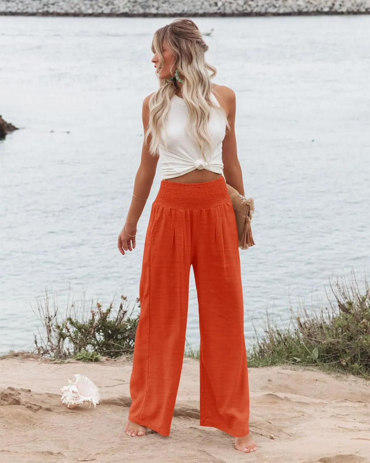 Angerella Womens Elastic High Waisted Palazzo Pants Casual Wide Leg Long Lounge Pant Trousers with Pocket