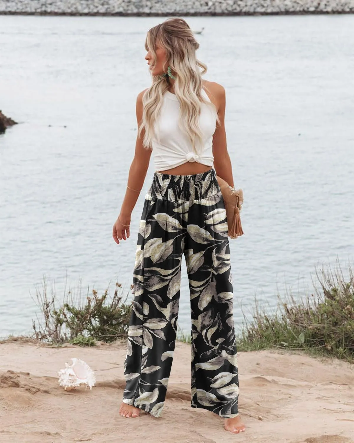 Angerella Womens Elastic High Waisted Palazzo Pants Casual Wide Leg Long Lounge Pant Trousers with Pocket