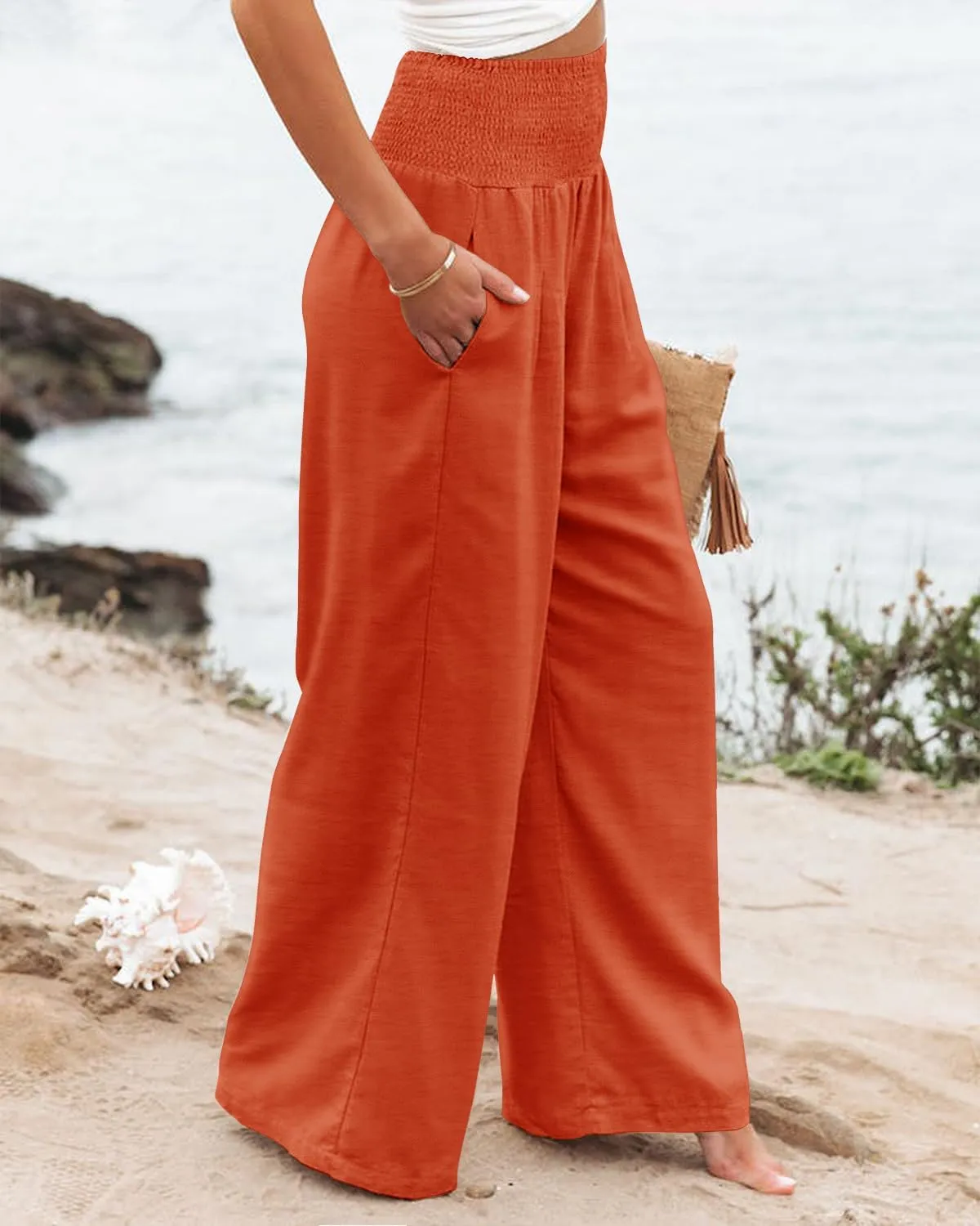 Angerella Womens Elastic High Waisted Palazzo Pants Casual Wide Leg Long Lounge Pant Trousers with Pocket