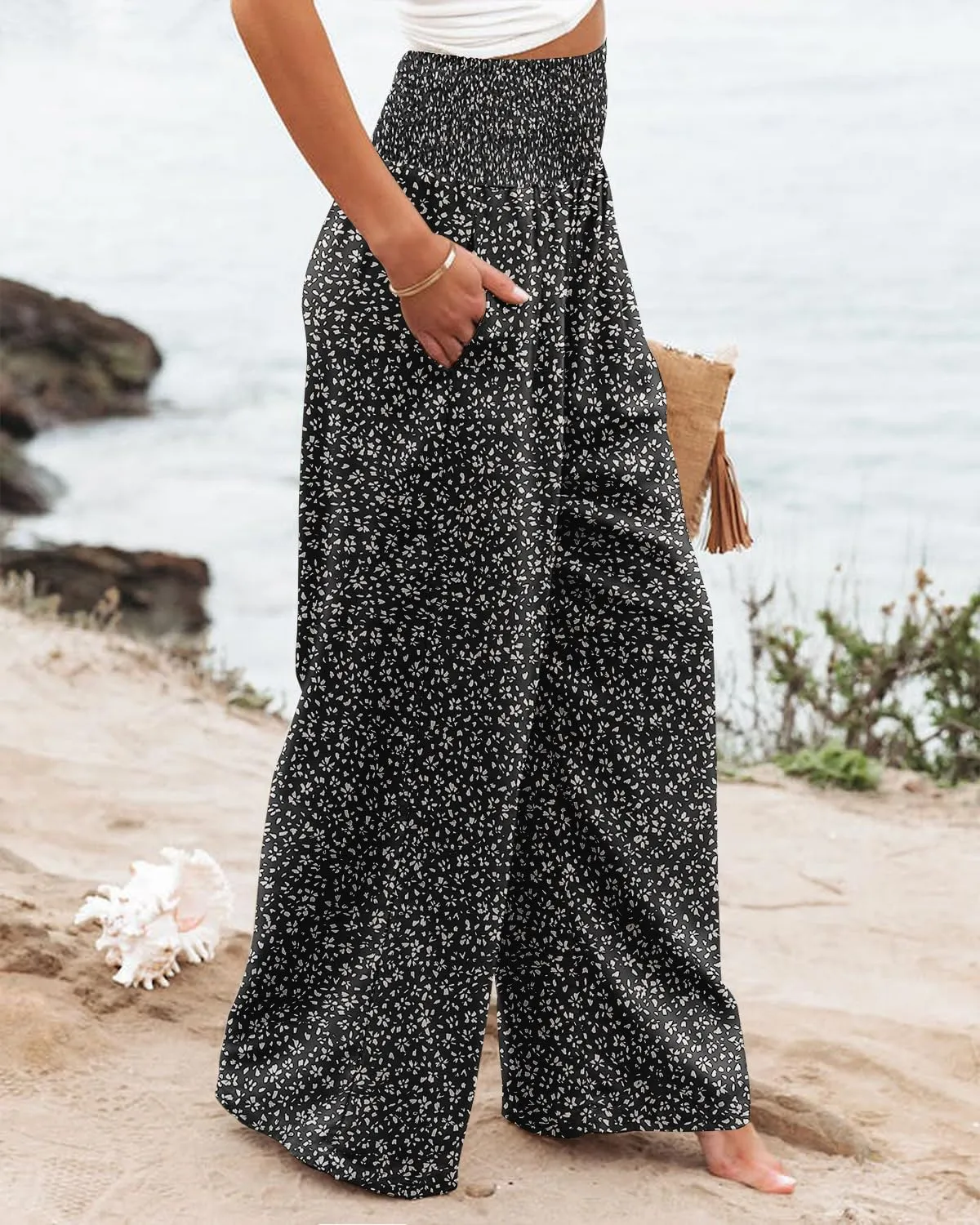Angerella Womens Elastic High Waisted Palazzo Pants Casual Wide Leg Long Lounge Pant Trousers with Pocket