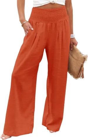 Angerella Womens Elastic High Waisted Palazzo Pants Casual Wide Leg Long Lounge Pant Trousers with Pocket