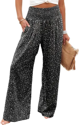 Angerella Womens Elastic High Waisted Palazzo Pants Casual Wide Leg Long Lounge Pant Trousers with Pocket