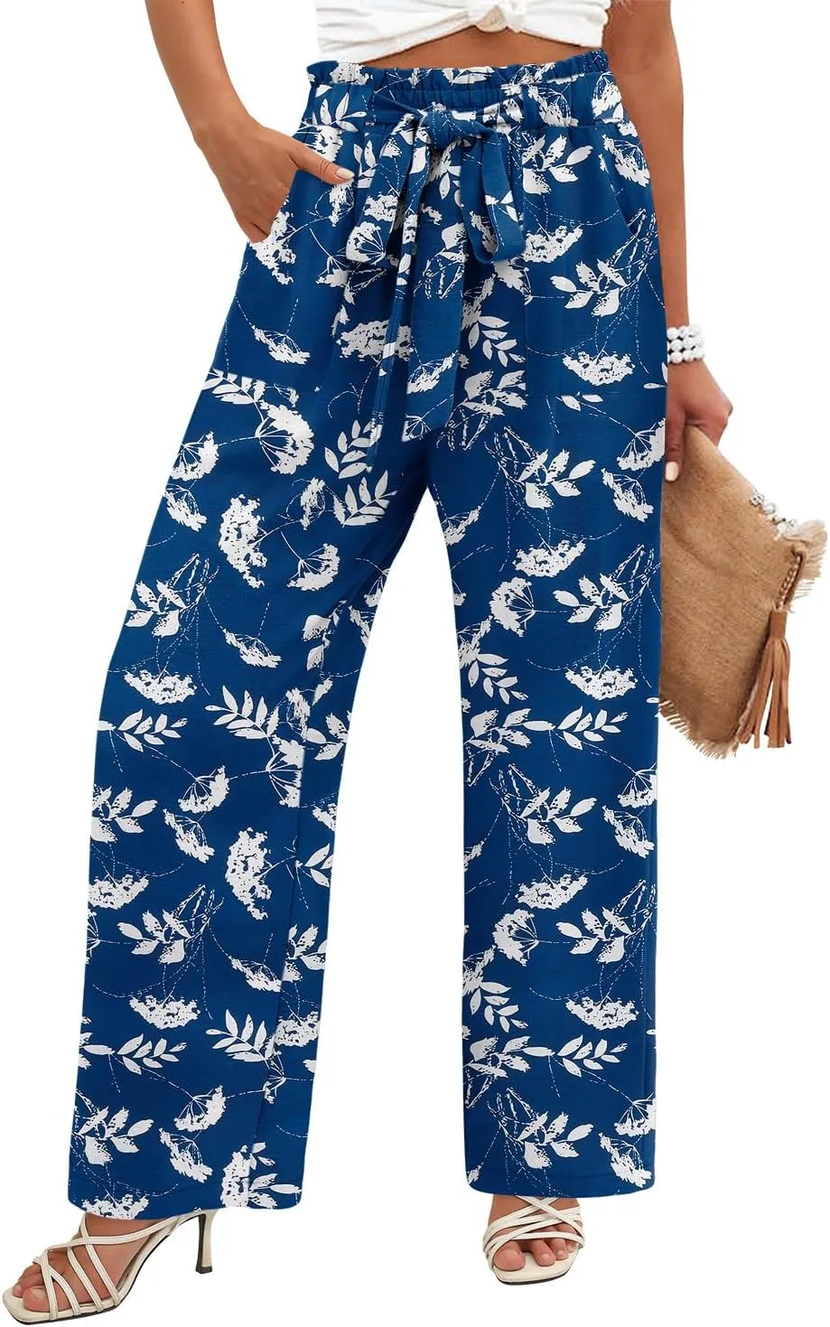 Angerella Womens Wide Leg Pants High Elastic Waist Adjustable Knot Casual Flowy Trousers Business Work Pants with Pockets