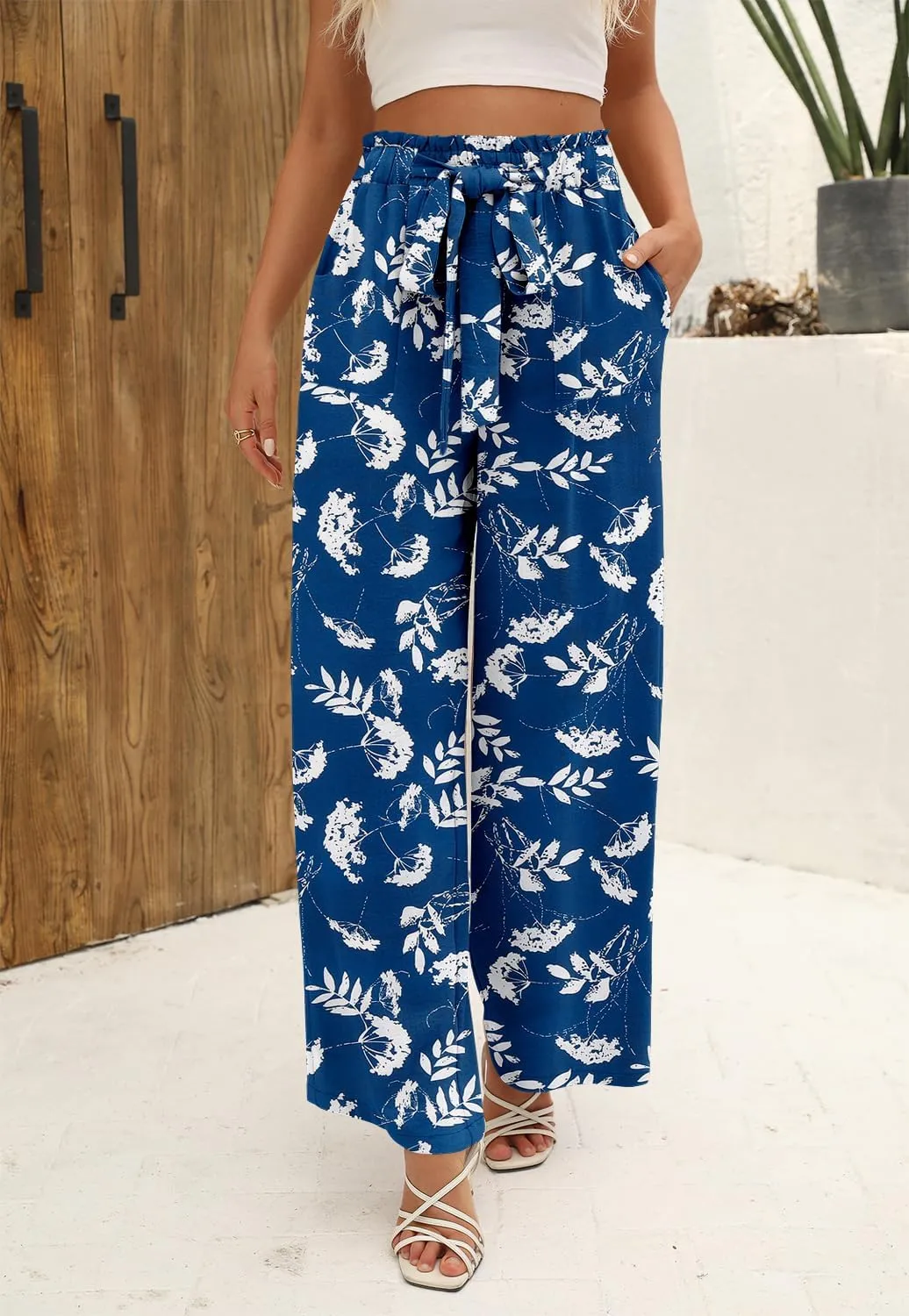 Angerella Womens Wide Leg Pants High Elastic Waist Adjustable Knot Casual Flowy Trousers Business Work Pants with Pockets