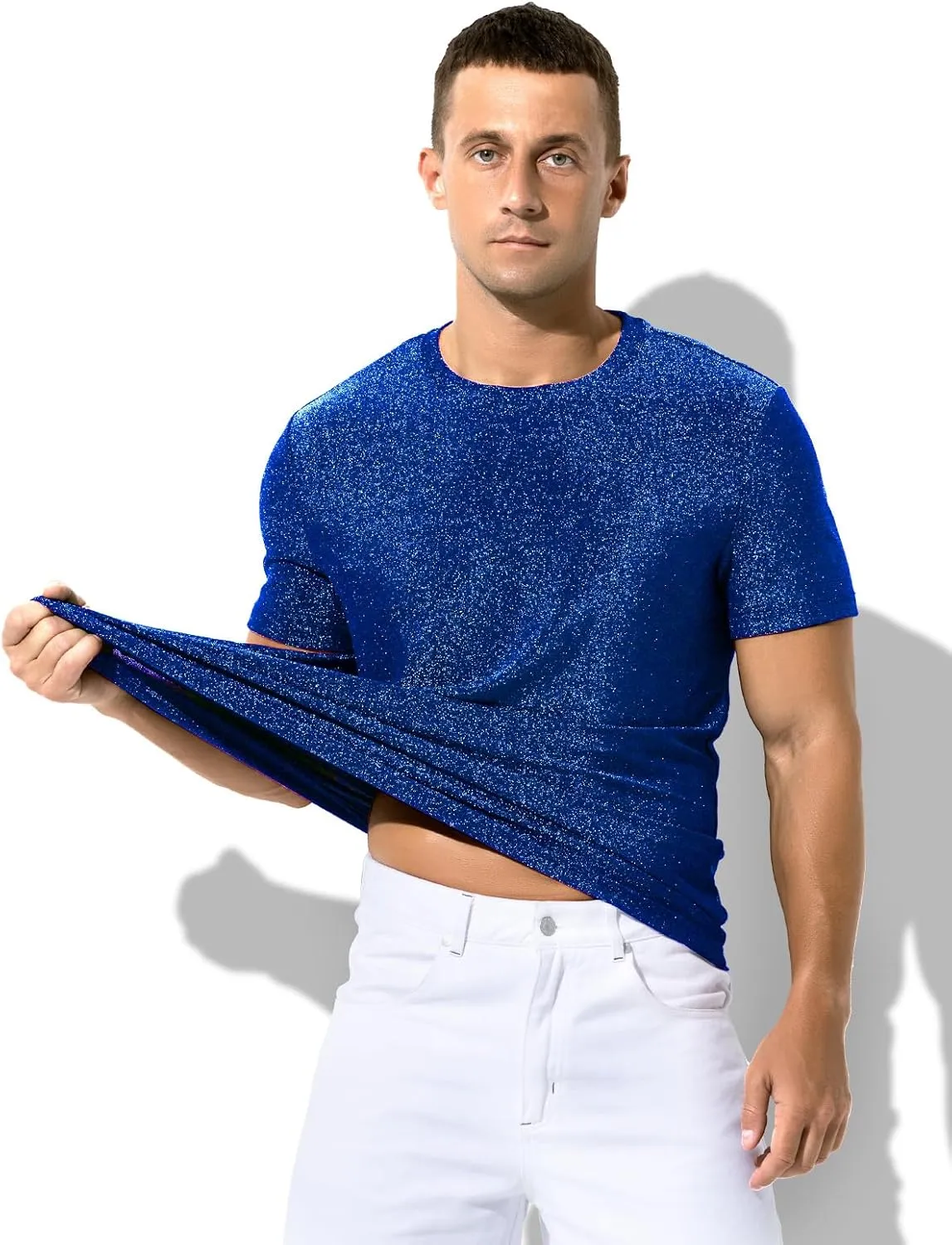 Arjen Kroos Men's Shiny Shirts Short Sleeve Sparkly Disco Rave Hot Tops Nightclub Glitter T-Shirt