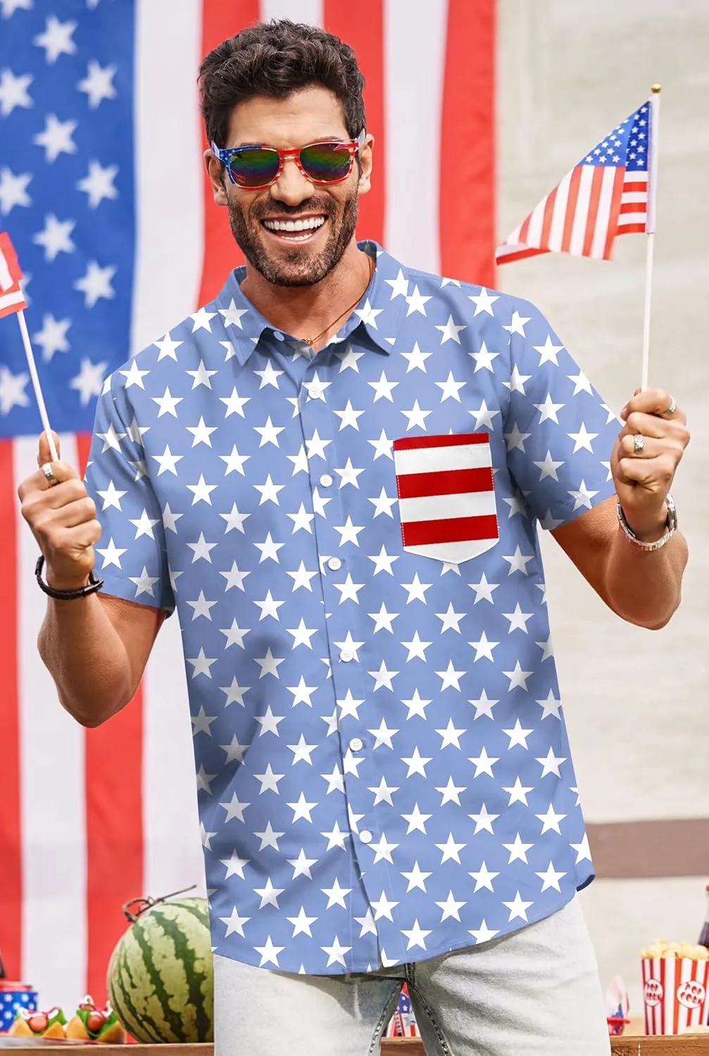 Arvilhill Men American Flag Button Shirt 4th of July Short Sleeve Shirts (S-3XL)
