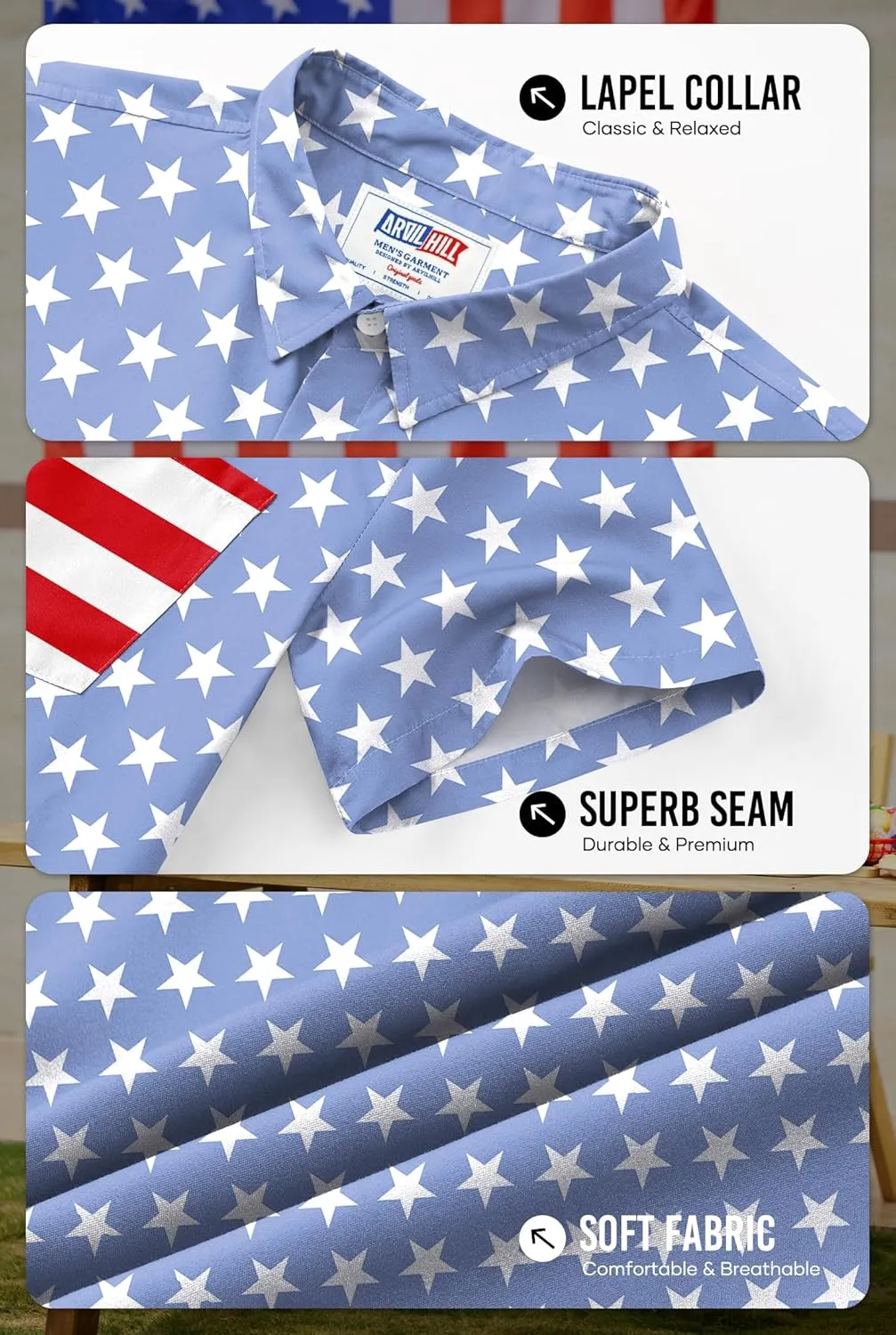Arvilhill Men American Flag Button Shirt 4th of July Short Sleeve Shirts (S-3XL)
