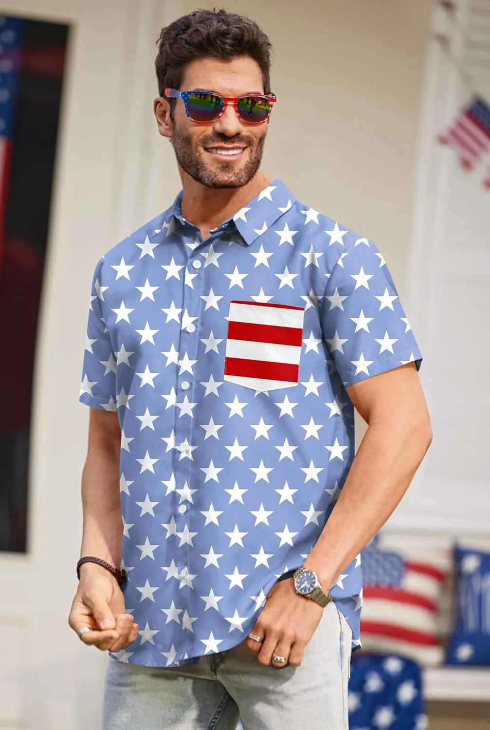 Arvilhill Men American Flag Button Shirt 4th of July Short Sleeve Shirts (S-3XL)