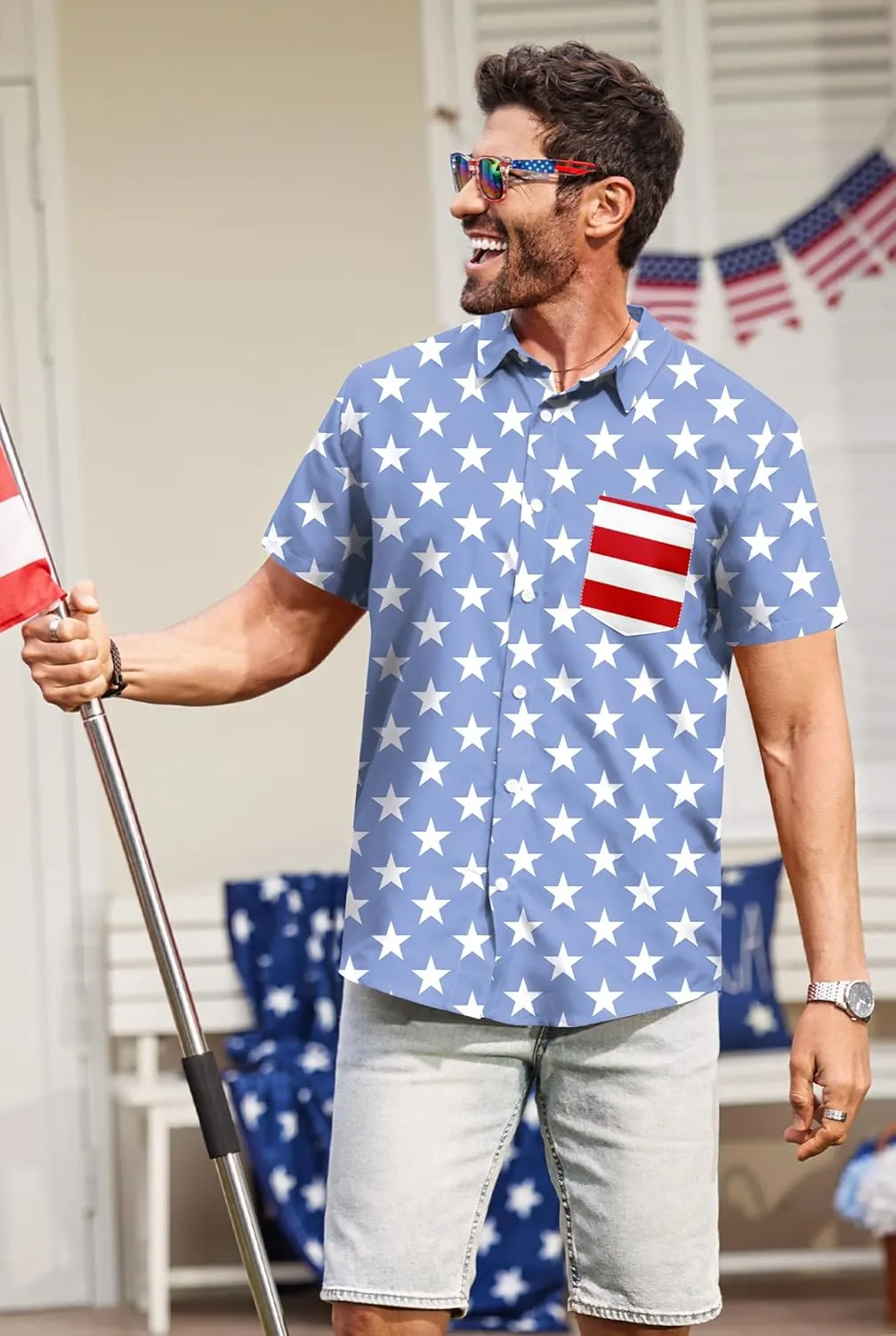 Arvilhill Men American Flag Button Shirt 4th of July Short Sleeve Shirts (S-3XL)