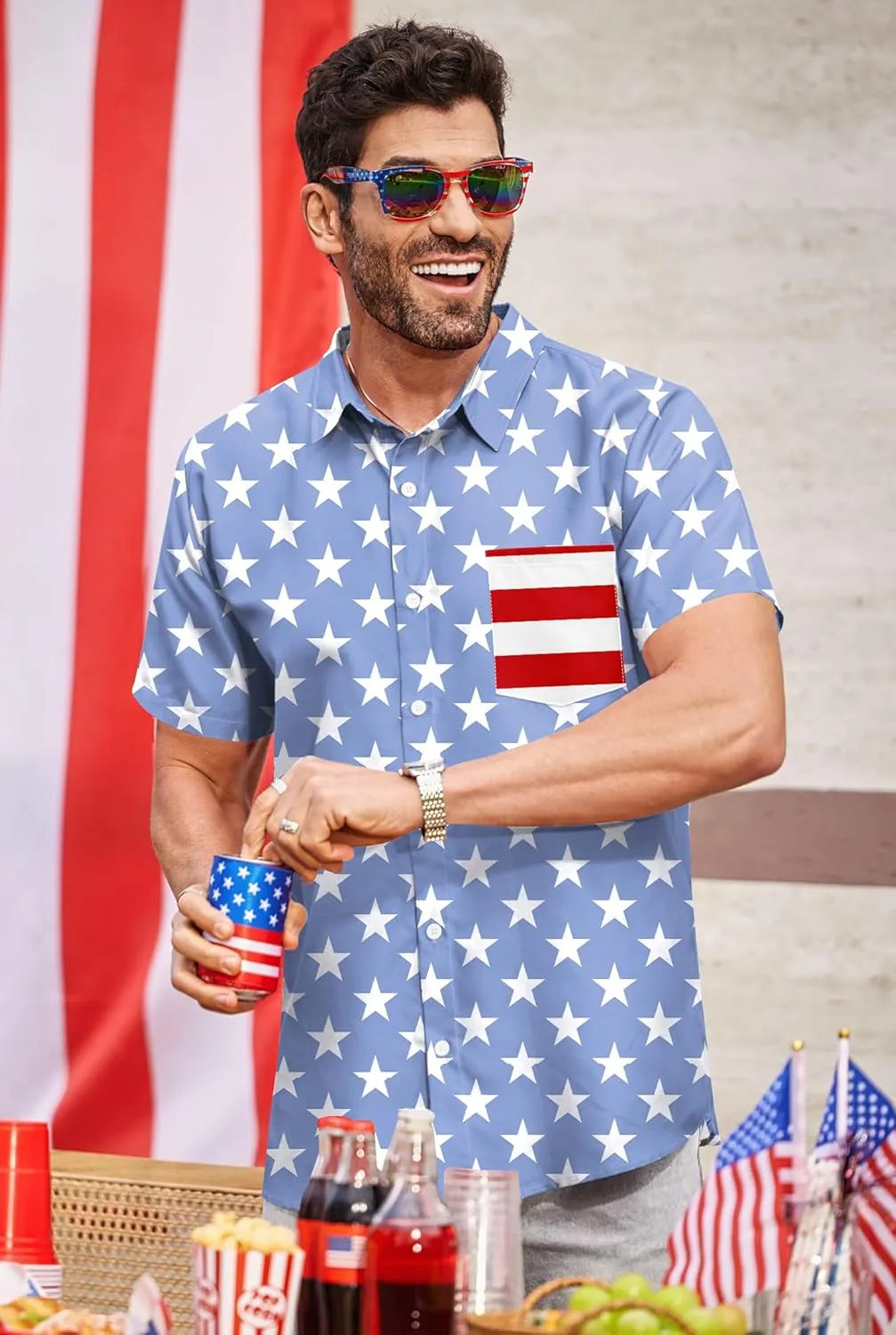 Arvilhill Men American Flag Button Shirt 4th of July Short Sleeve Shirts (S-3XL)