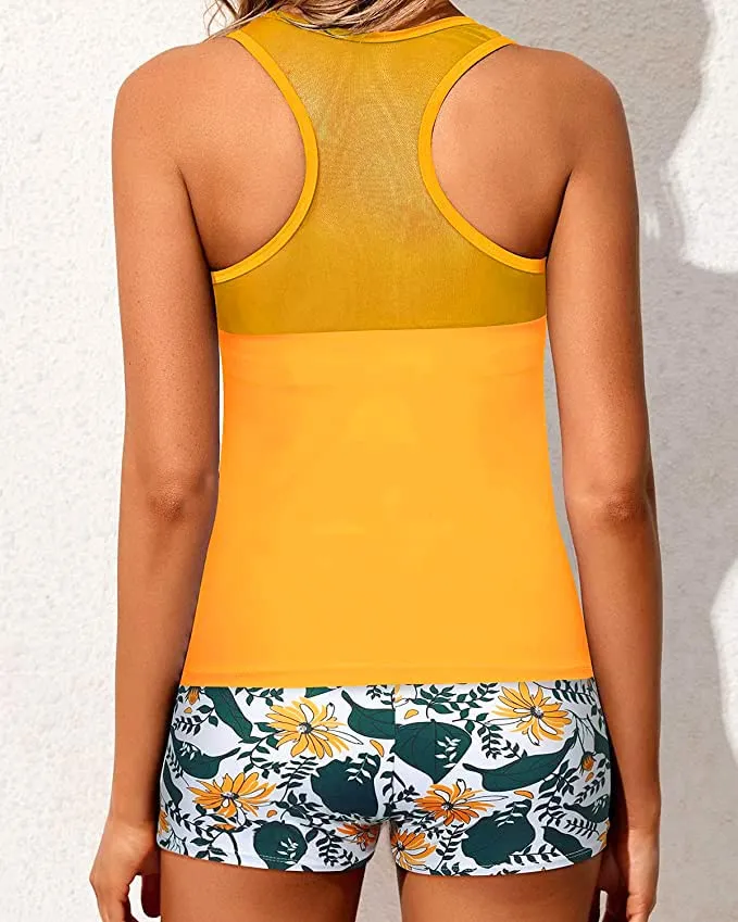 Athletic Two Piece Tankini Swimsuits For Girls Racerback Tank Tops-Yellow Floral