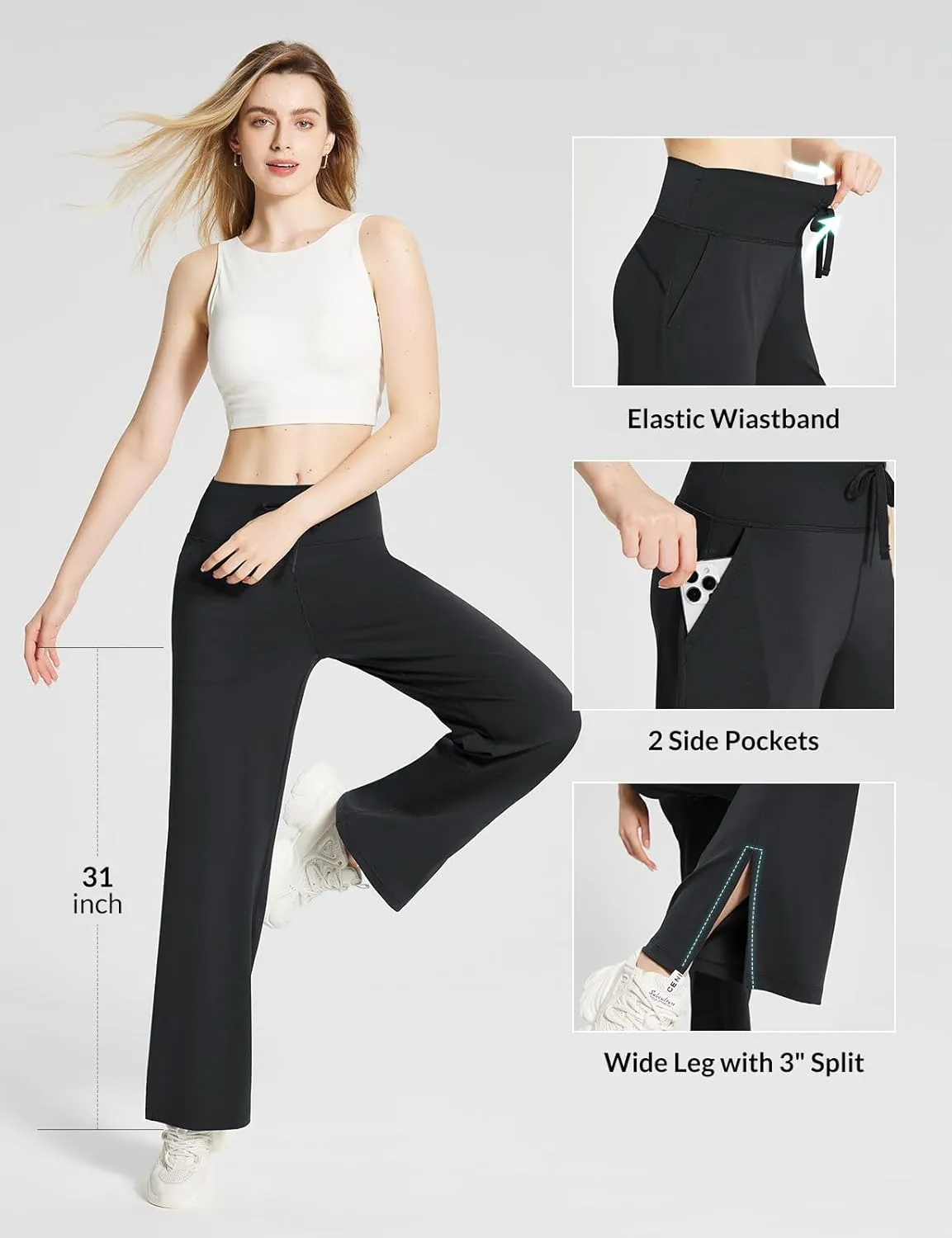 baleaf Womens Wide Leg Dress Pants Stretch High Waist Yoga Pants Casual Slacks Pockets Pull On Travel Petite Plus Size