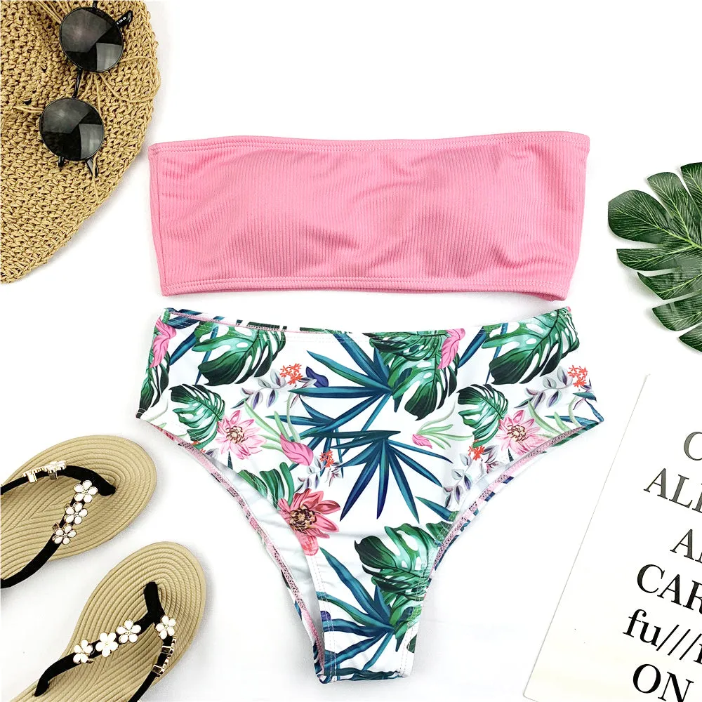 Bandeau Print Low Rise Thong Bottom Bikinis