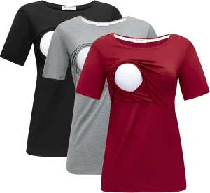 Bearsland Women's 3 Packs Maternity Nursing Tops Short Sleeve Breastfeeding Shirts