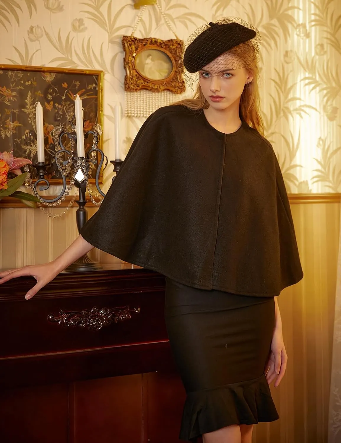 BEAUTELICATE Women Wool Blend Cape Cover Up Jacket Coat Spring Autumn Wedding Bridal Shawl