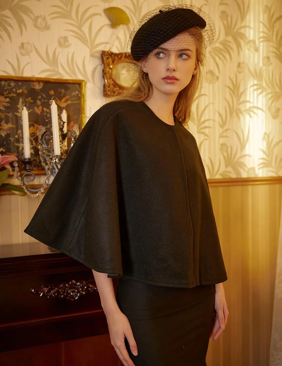 BEAUTELICATE Women Wool Blend Cape Cover Up Jacket Coat Spring Autumn Wedding Bridal Shawl