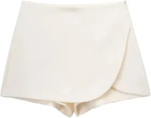 Beige Mini Skirt Pants High Waist Shorts Skort for Women Summer Asymmetric