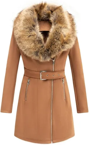 Bellivera Women Faux Leather Trench Coat Fleece-Lined Mid-length Jacket with Detachable Fur Collar