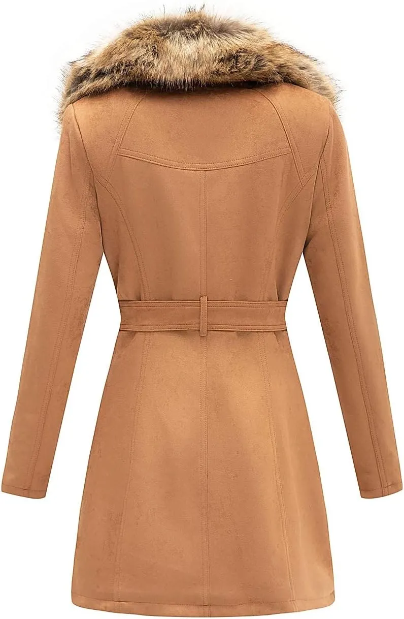 Bellivera Women Faux Leather Trench Coat Fleece-Lined Mid-length Jacket with Detachable Fur Collar