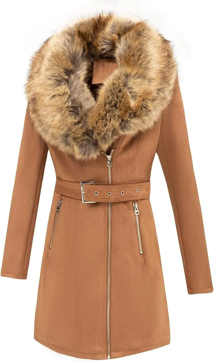 Bellivera Women Faux Leather Trench Coat Fleece-Lined Mid-length Jacket with Detachable Fur Collar
