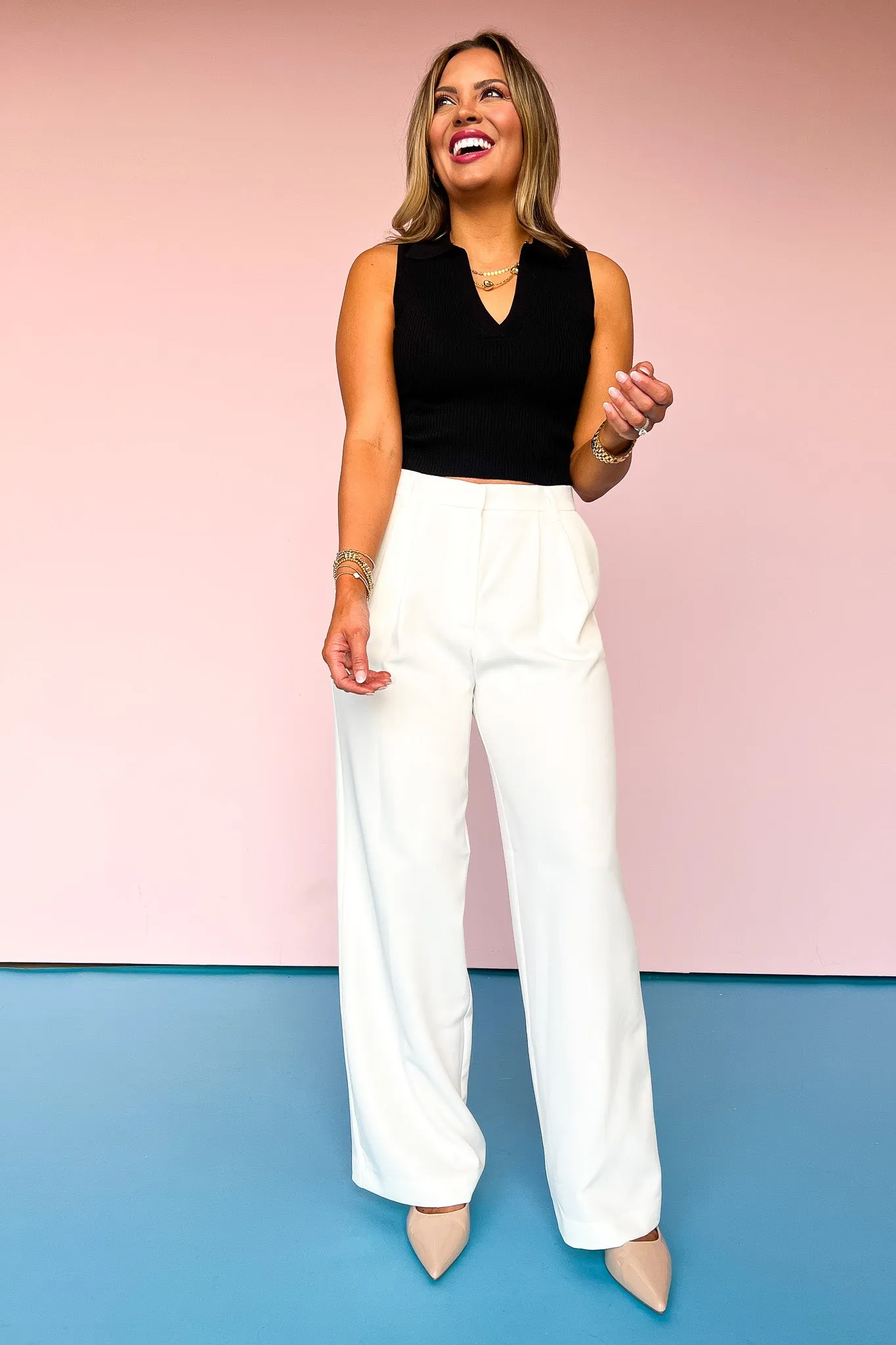 Black Knit Collared V Neck Sleeveless Top