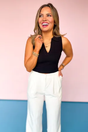 Black Knit Collared V Neck Sleeveless Top