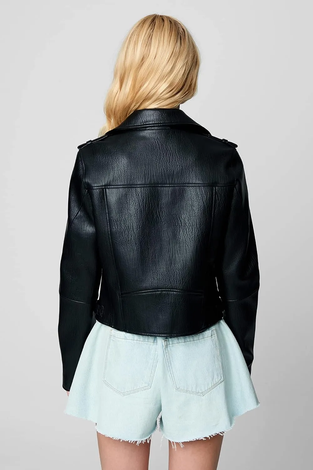 [BLANKNYC] Womens Luxury Clothing Vegan Leather Moto Jacket With Zipper Pocket Detail, Comfortable & Stylish Coat