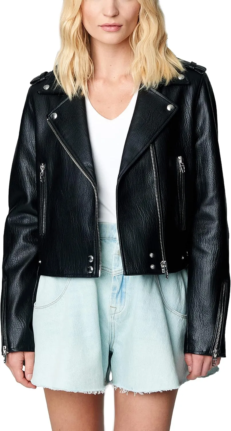 [BLANKNYC] Womens Luxury Clothing Vegan Leather Moto Jacket With Zipper Pocket Detail, Comfortable & Stylish Coat