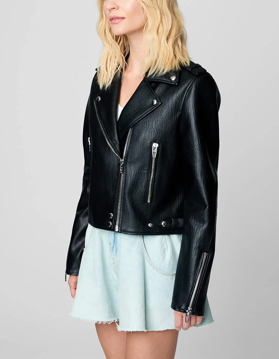 [BLANKNYC] Womens Luxury Clothing Vegan Leather Moto Jacket With Zipper Pocket Detail, Comfortable & Stylish Coat