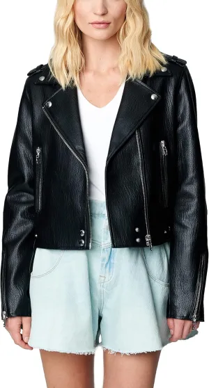 [BLANKNYC] Womens Luxury Clothing Vegan Leather Moto Jacket With Zipper Pocket Detail, Comfortable & Stylish Coat