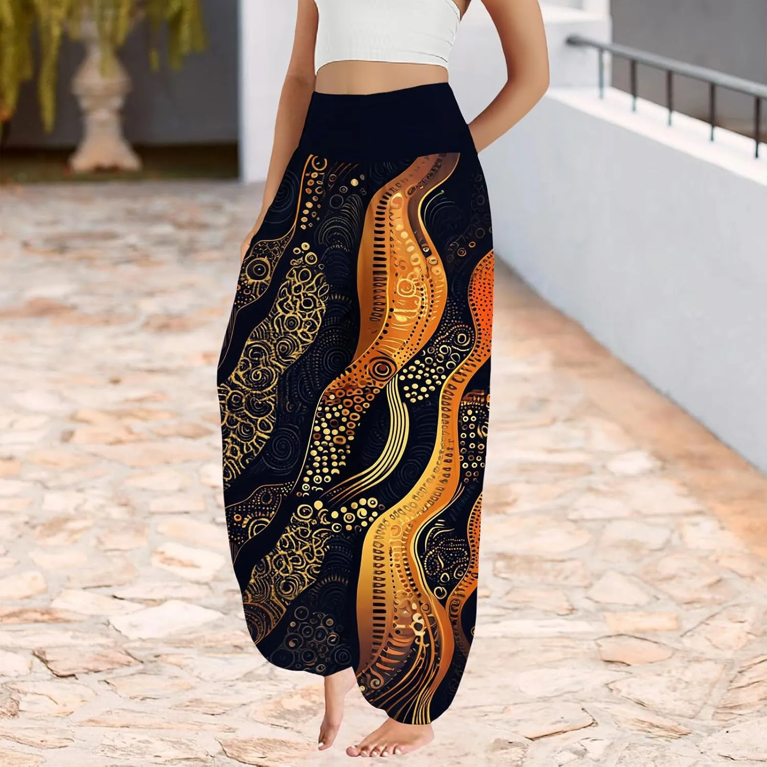 Boho Harem Pants Women Ethnicity Printed Wide Leg Trousers Hippie High Waist Plus Size Pant Flowy Baggy Yoga Pants