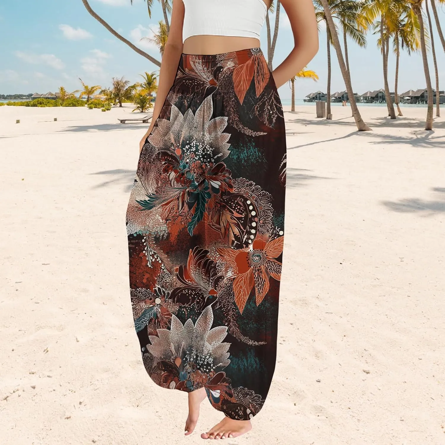 Boho Harem Pants Women Ethnicity Printed Wide Leg Trousers Hippie High Waist Plus Size Pant Flowy Baggy Yoga Pants