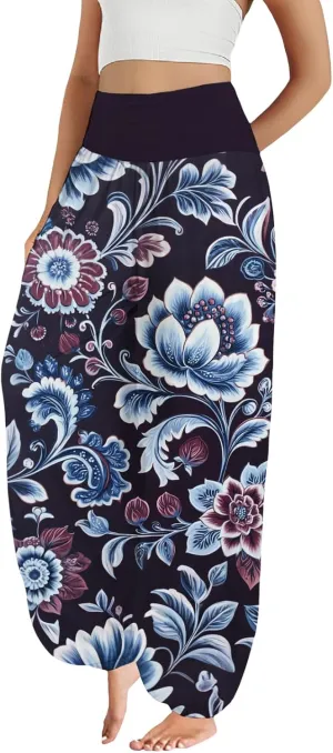 Boho Harem Pants Women Floral Print Wide Leg Trousers Hippie High Waist Plus Size Pant Vintage Baggy Flowy Yoga Pants