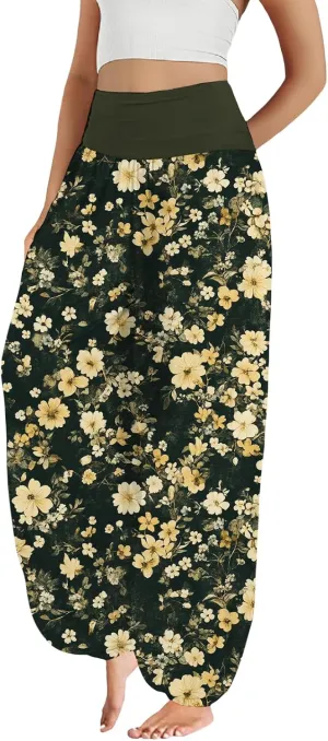 Boho Harem Pants Women Floral Print Wide Leg Trousers Hippie High Waist Plus Size Pant Vintage Baggy Flowy Yoga Pants